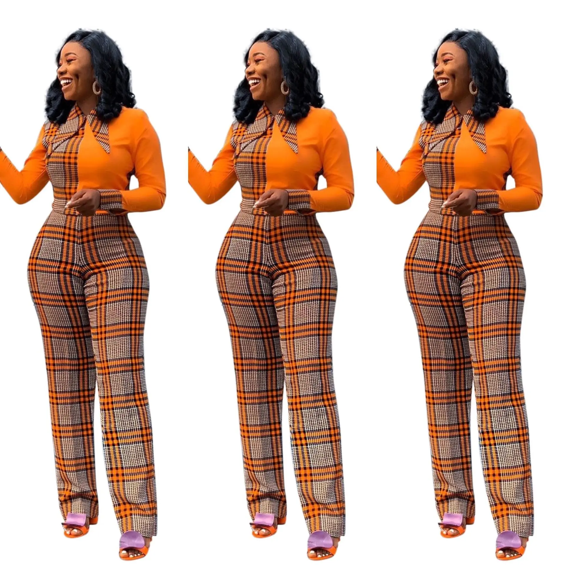 

In-stock plus size women's African stitching slimming jumpsuit wide-leg pants trend fall jumpsuit 2021, Orange