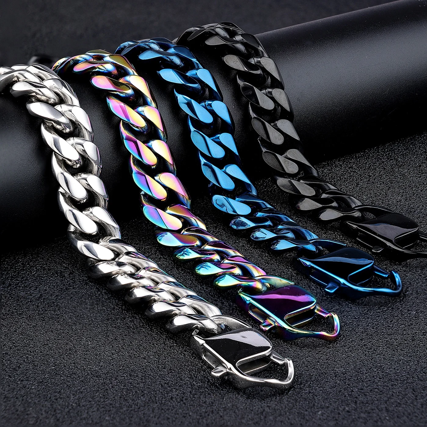 Custom LOGO Stainless Steel 14mm Black Rainbow Color Big Curb Cuban Miami Cuban Chain Bracelet for Men