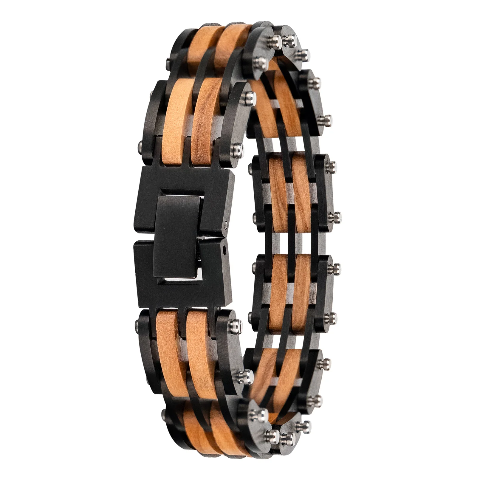 New Arrival Unisex Make Your Private Label Customized Logo 13.5mm  316L Stainless Steel Natural Walnut Olive Wood Bracelet