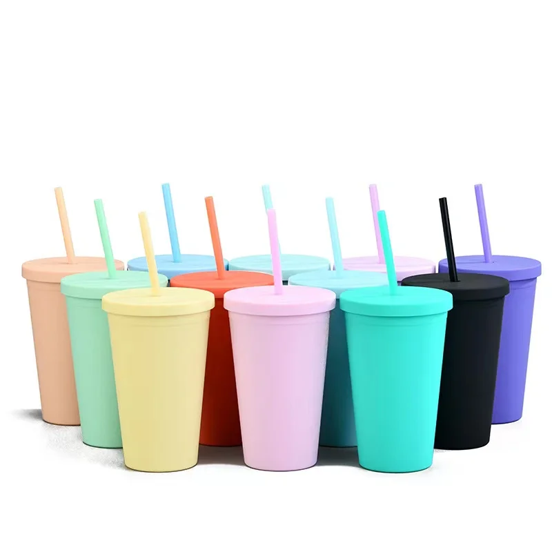

Wholesale 16oz double wall plastic tumbler colorful coffee mugs with straw