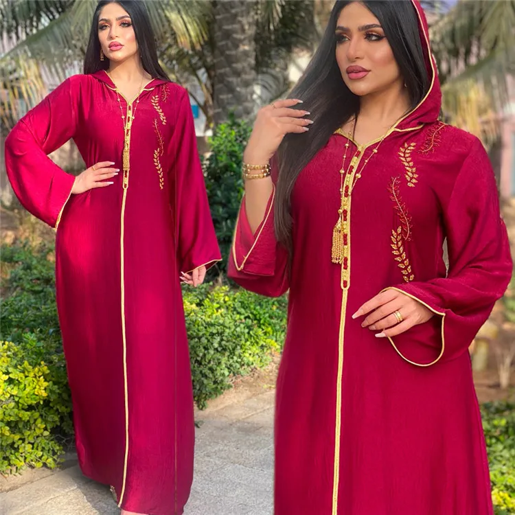 

GH-JD1536 Vestidos Islamicos Ropa Musulmana Para Mujer Red Embroided Maxi Long Dress Muslim Abaya With Hood