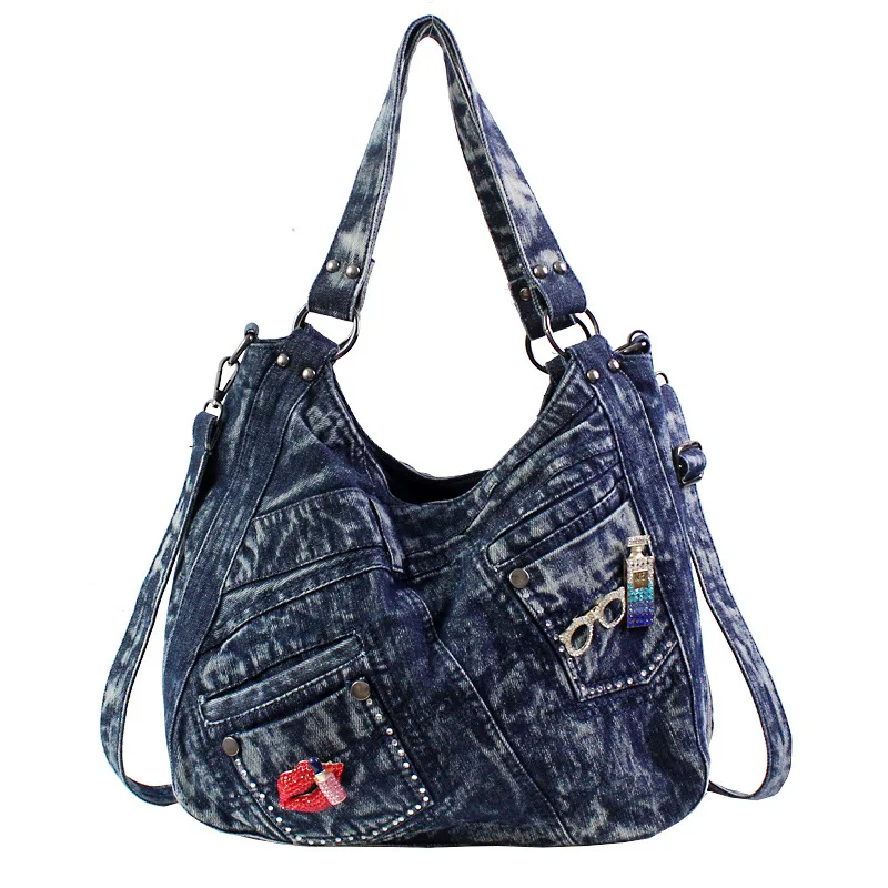 

Large capacity handbag denim leisure trend diamond shell Female Jeans Hand Bags Western bag style with rivet washed Jeans
