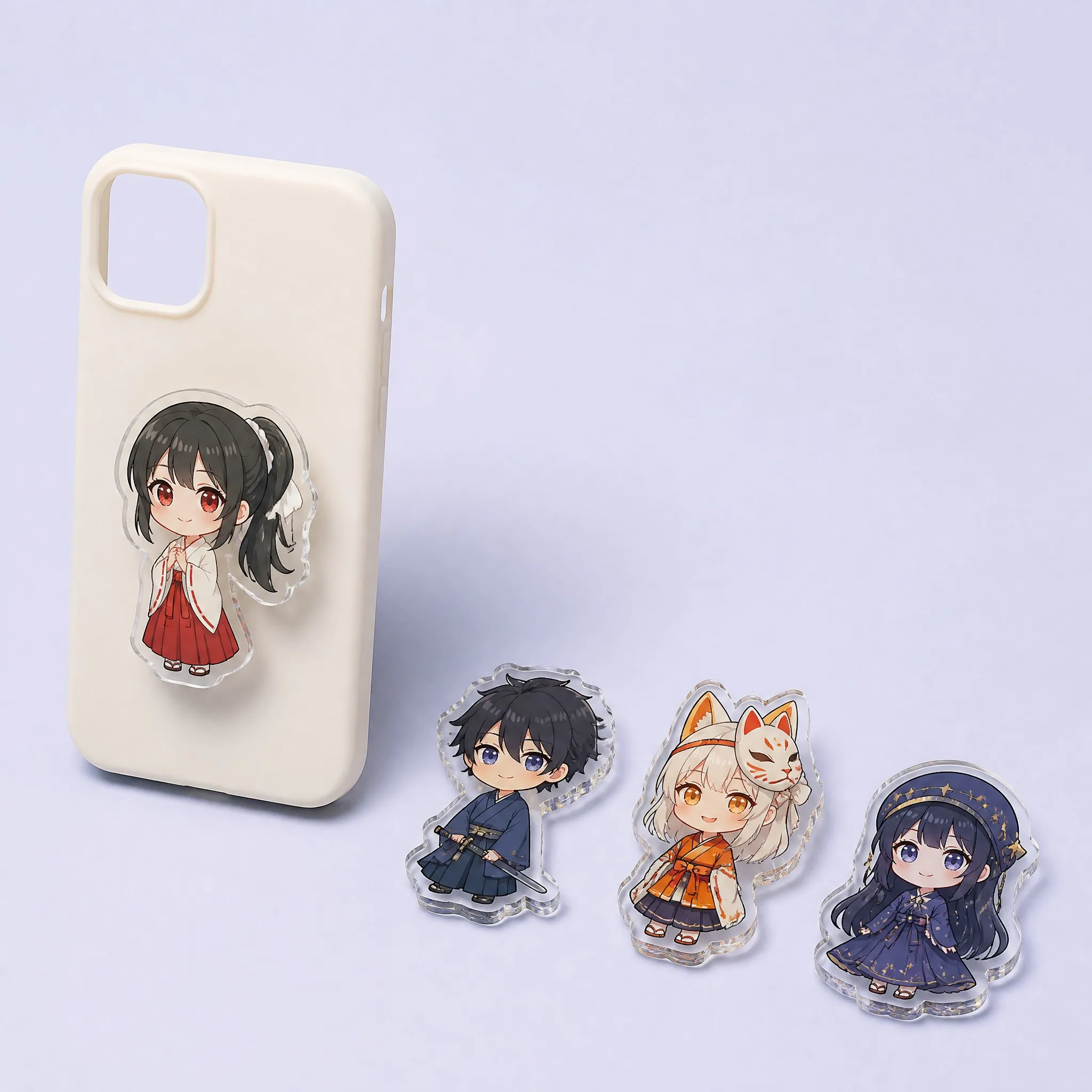 Anime Chibi Acrylic Phone Grips Lineup on Phone Case: Shrine Maiden, Samurai, Kitsune Mask, Starlight Sorceress