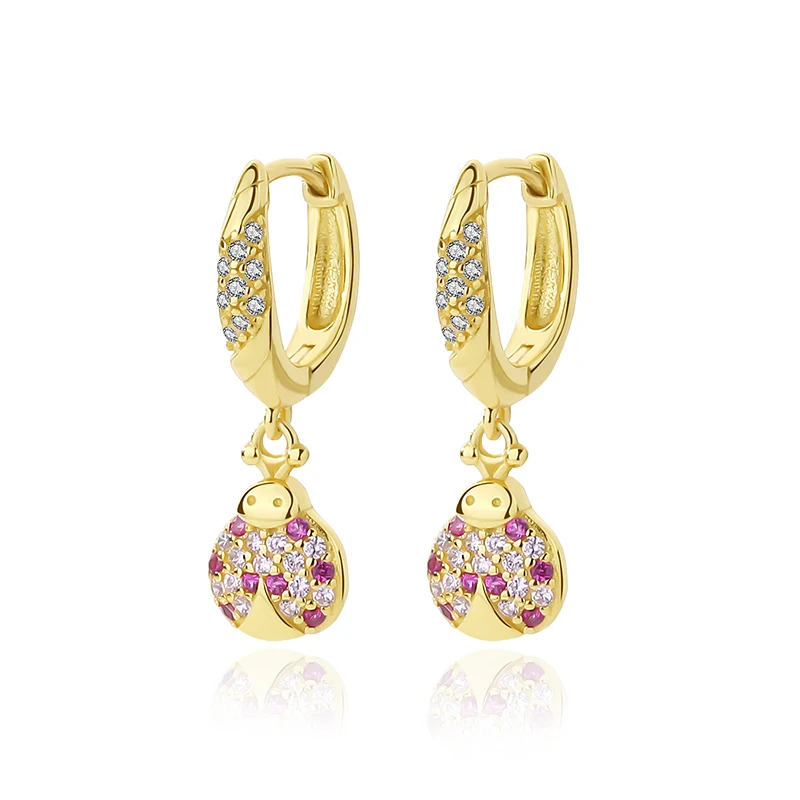 

Dainty Cute Ladybug Animal Sterling Silver Colorful Cubic Zirconia Ear Rings Jewelry Ladies 18K Gold Plated Hoop Earrings