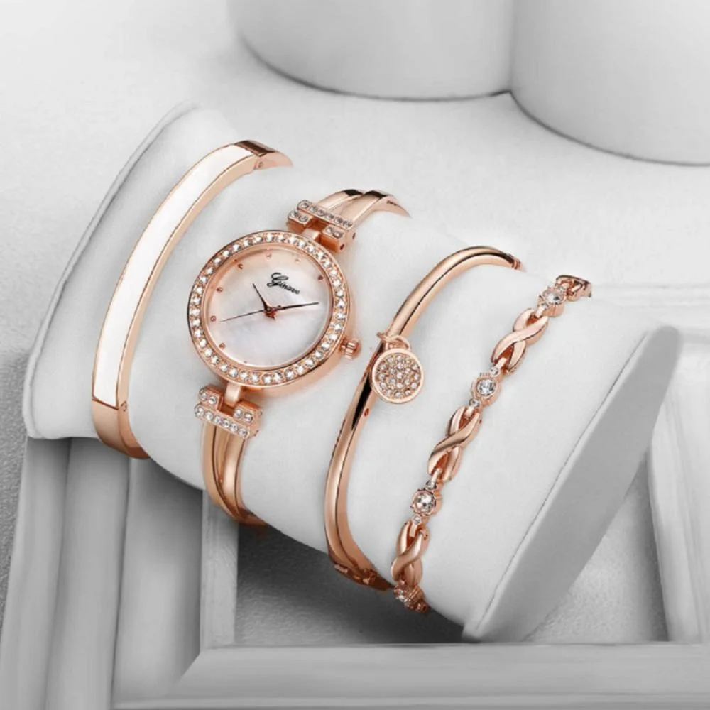 

9715 Hot sale 4 pcs womens set Luxury woman ice out watch set with bracelet fashion ladies watches sets