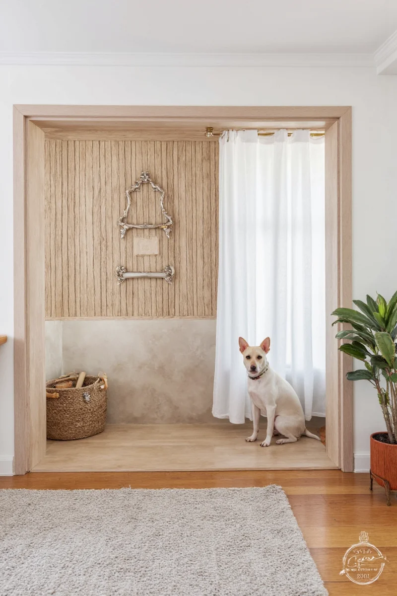 Minimalist side table with integrated dog bowl cutout and matching white wall hook for leashes