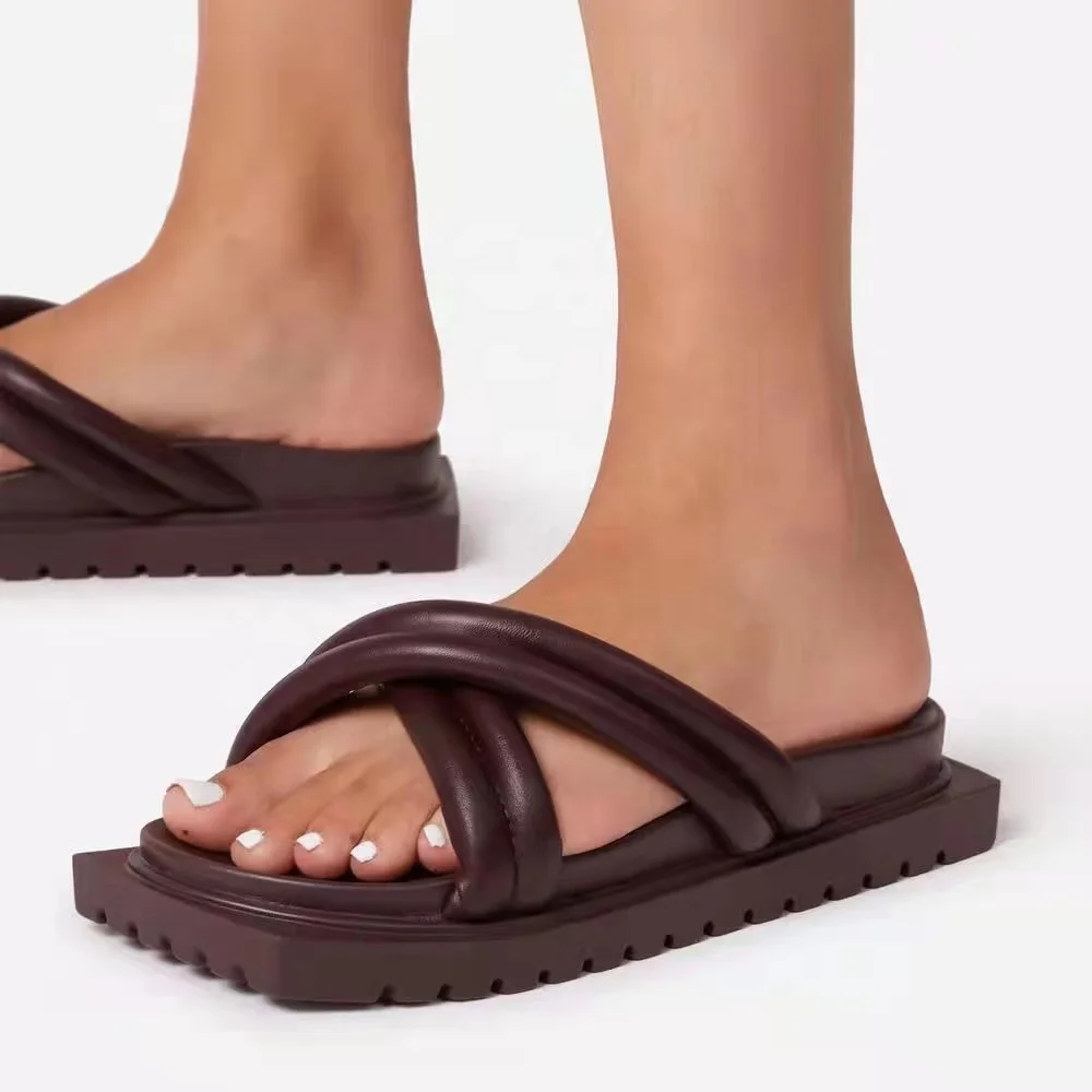 

Summer Ladies Beautiful Flat Square Toe Sandals Cross Band Slippers For Women