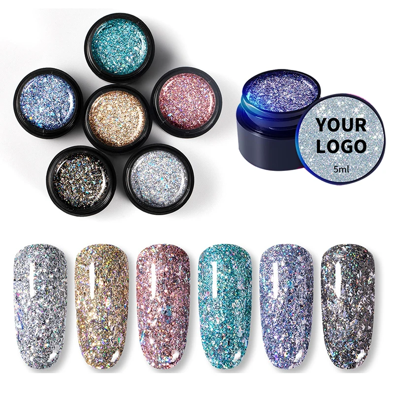 

HotSelling 5ml nail art salon gel nail polish soak off starry rainbow color gel glitter gel polish, 6 colors