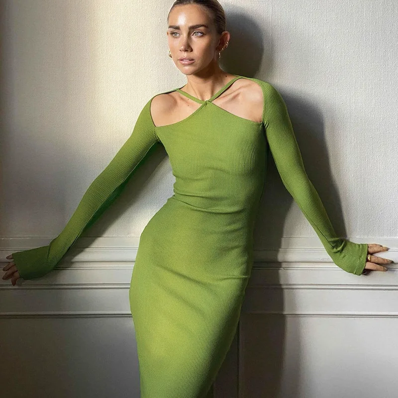 

2021 New arrivals spring women's long shirt hollow round neck fashion slim long dresses