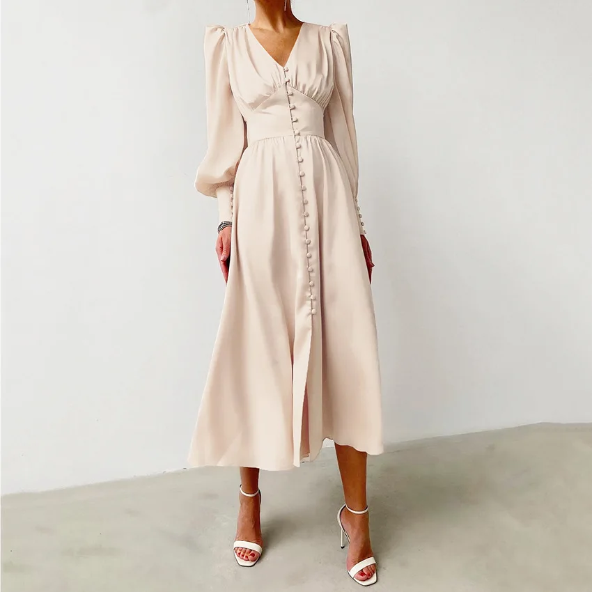

Wholesale 2021 Spring and Summer New Elegant Satin Women Dresses Lantern Sleeves Waist Slimming Retro Court Style Dress
