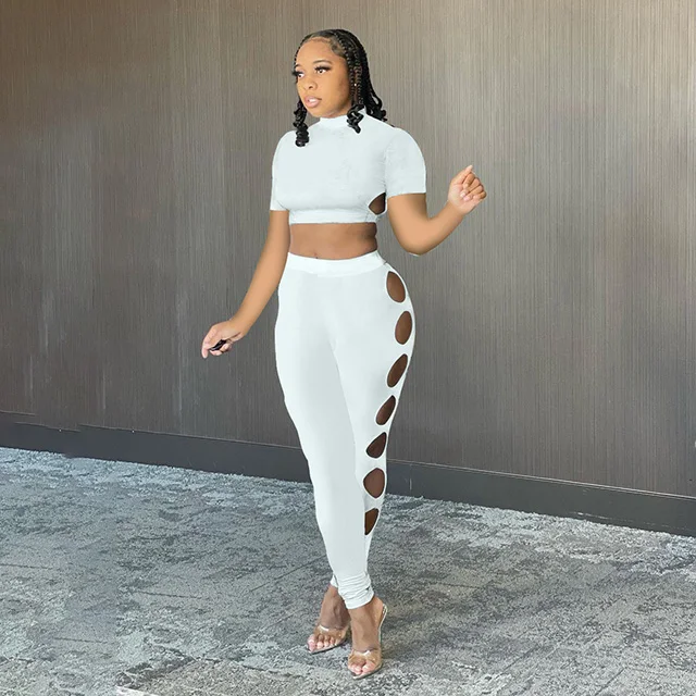 

2021 Summer Outfits Hollow Out 2 Piece Set Woman Sexy Top And Pants Fashion Women Solid Pant Set -ZR, White