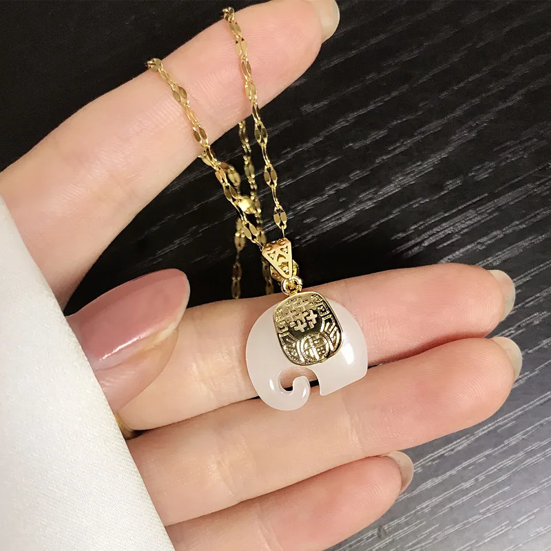 

Gold Plating Stainless Steel Chain Clear Jade Animal Elephant Necklace White Jade Elephant Pendant Necklace