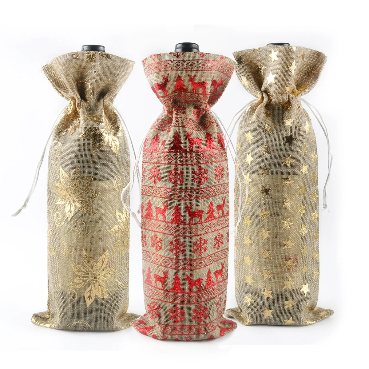 

High quality organic linen printed drawstring christmas wine bottle bag