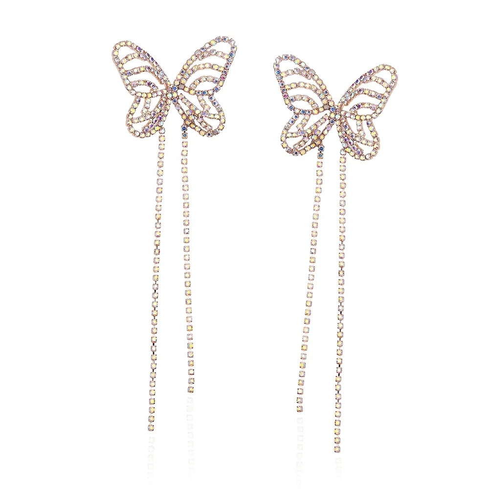 

Fashion Long Rhinestone Wedding Bridal Drop Butterfly Earring Women for Party, Silver/ gold plated