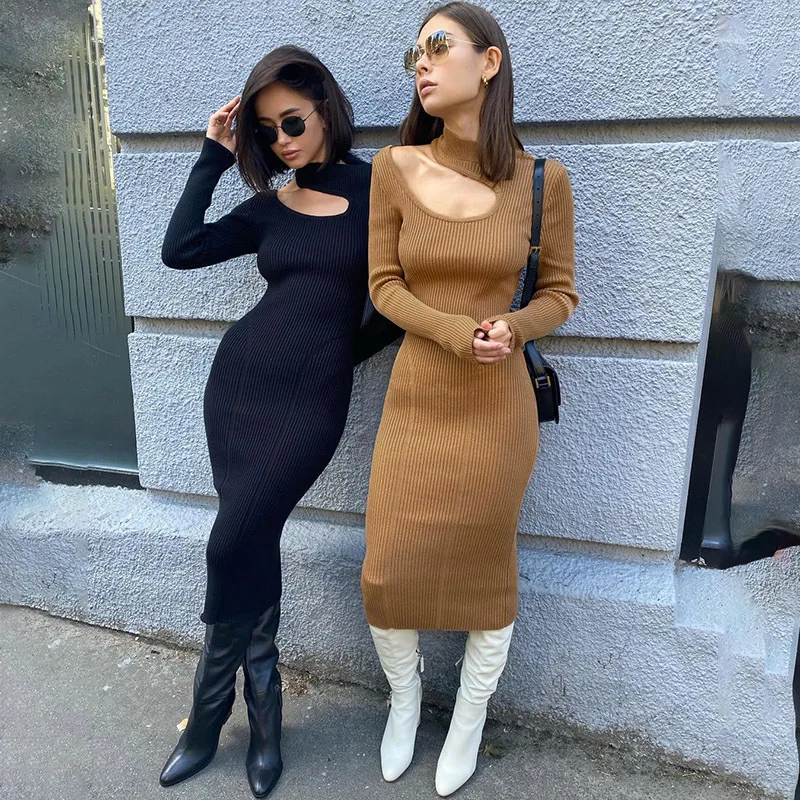 

2022 spring fashion appeal women fashion long sweater dress knitted ankle length dress long sleeve ribbed dresses