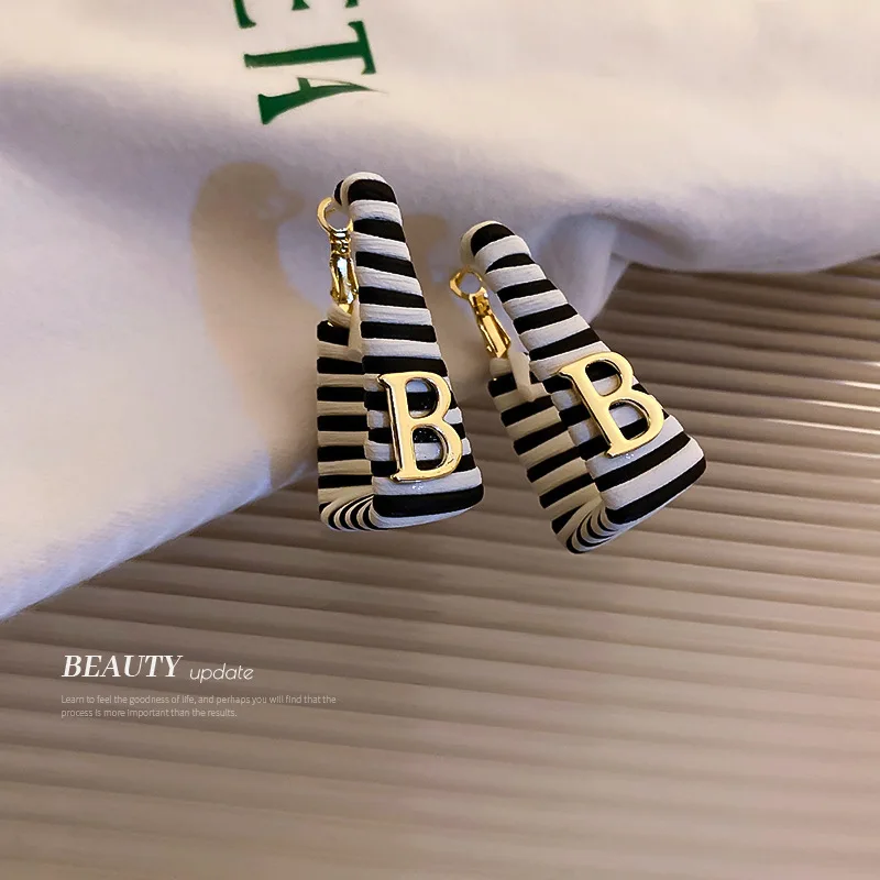 

Earrings For Women 925 Silver Needle Personality Versatile Square Leather Black White Stripe Letter B Earrings Female