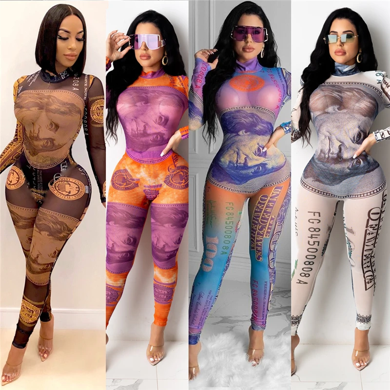 

2021 Club Wear Ladies Dollar Print Mesh Jumpsuit Sexy Sportswear Women Bodycon Jumpsuits Long Sleeve womens Sexy Club Outfits, As picture