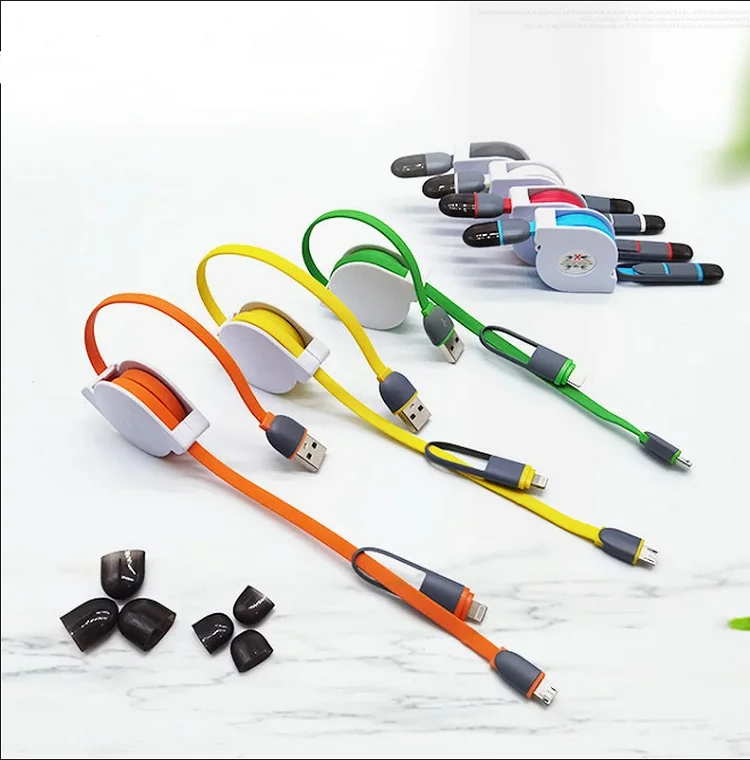 

2in1 usb for cell phone wire charger accesories car sarj kablosu micro usb-c to lightning cargadores para celulares v8 retract, Orange yellow green blue red white black