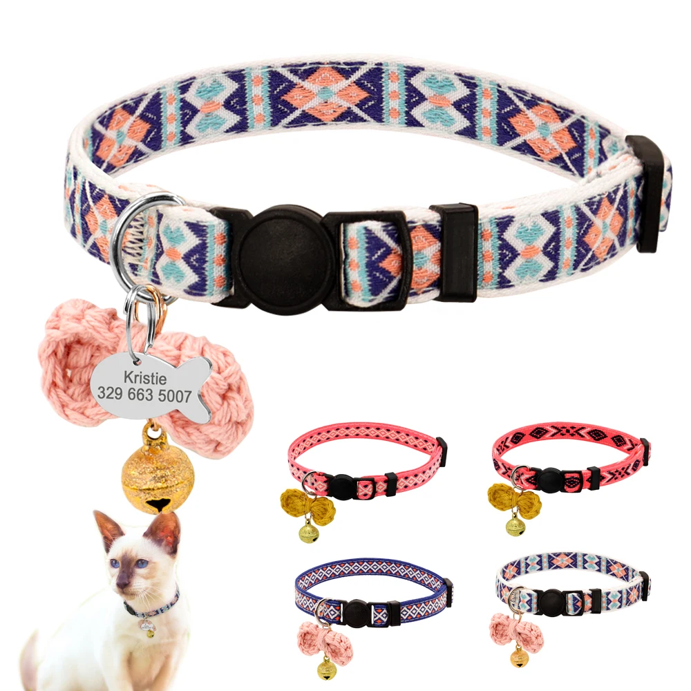 

Nylon Cute Cat Collar Pet Supplies Product Adjustable for Pet Cats Collars with Bells and Tags, Blue,pink,pink-blue,pink-white