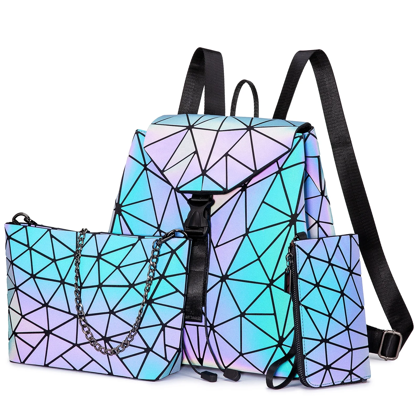 

Wholesale Custom Holographic Reflective Bag Wallet Clutch Set Geometric Luminous Purses and Handbags Backpack for Women