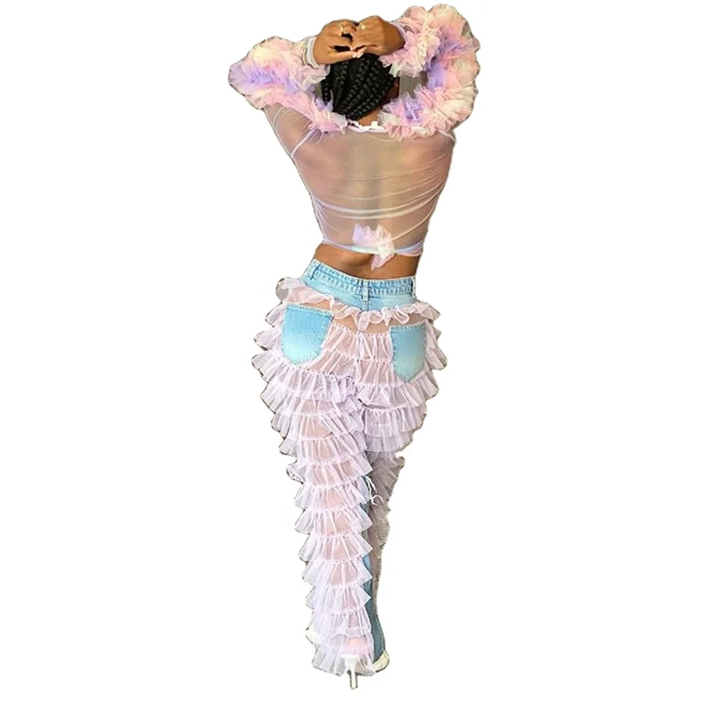 

Ruffle Mesh Patchwork Ripped Jeans Women, As shown
