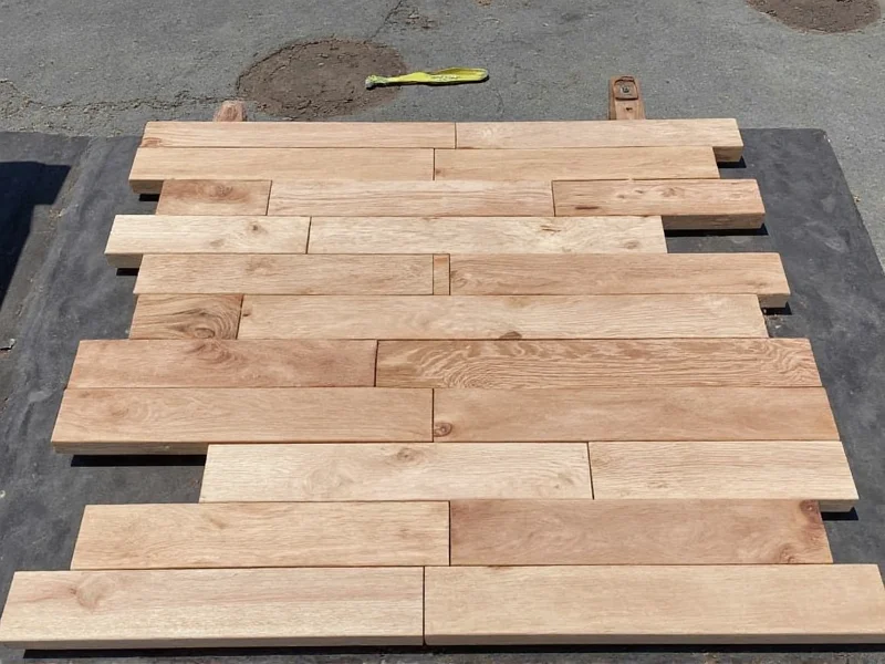 Reclaimed wood planks laid out for bookshelf construction