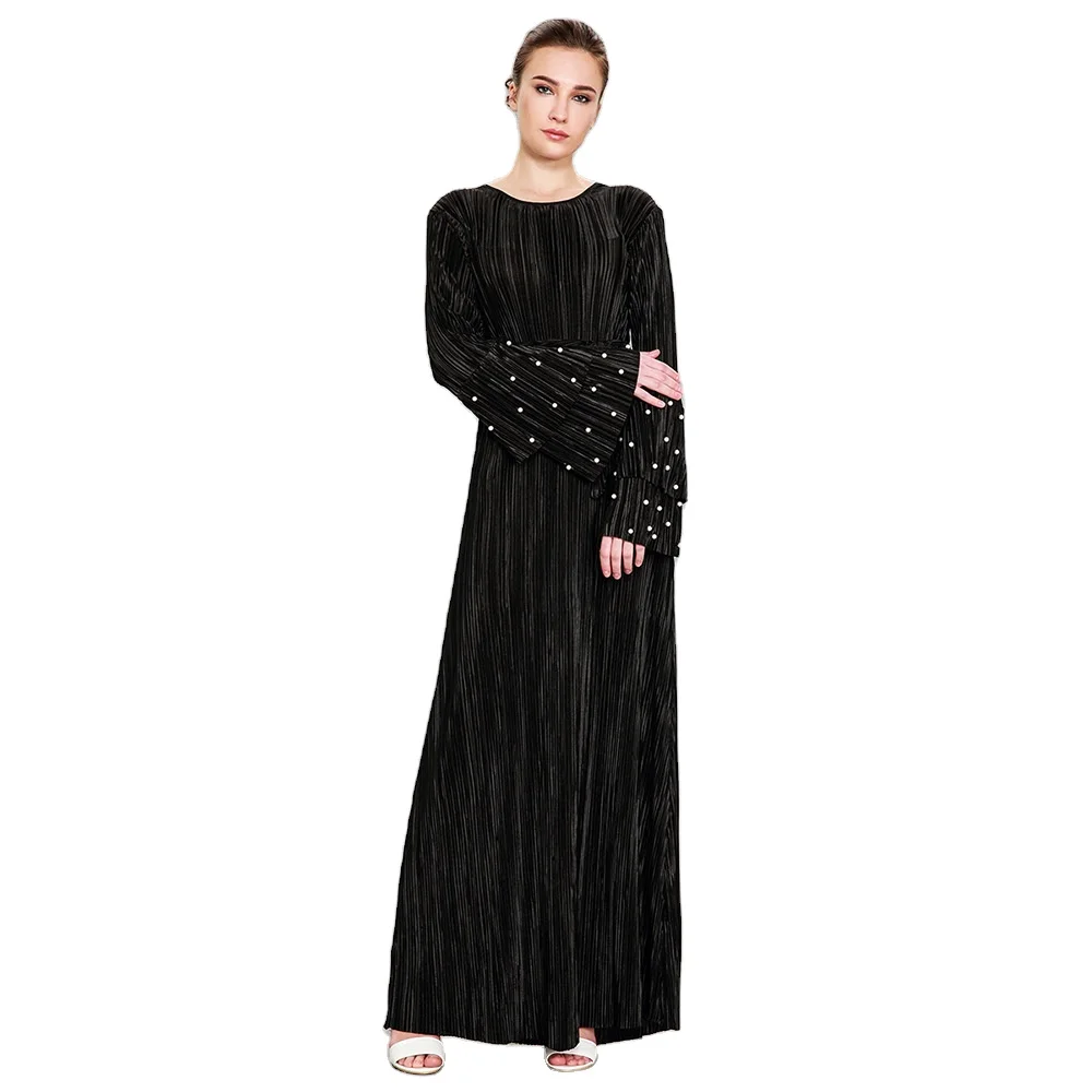 

2021 new style arabic abaya pleated long - sleeved beaded muslim dress