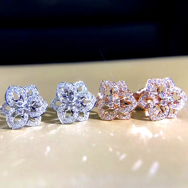 

Wish Hot Sale Micro Paved Cubic Zirconia Rose Flower Stud Earrings Crystal Rhinestone CZ Flower Earrings