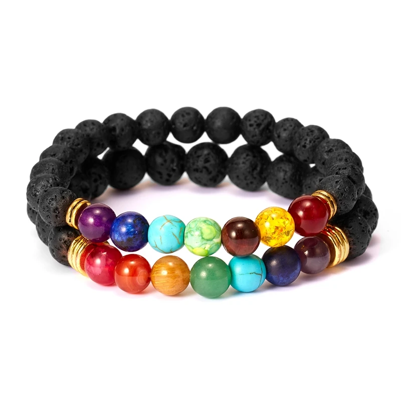 

Handmade Men Women Vintage Lava Natural Stone Black Beads Adjustable Strech 8mm 7 Chakra Bracelet For Girls