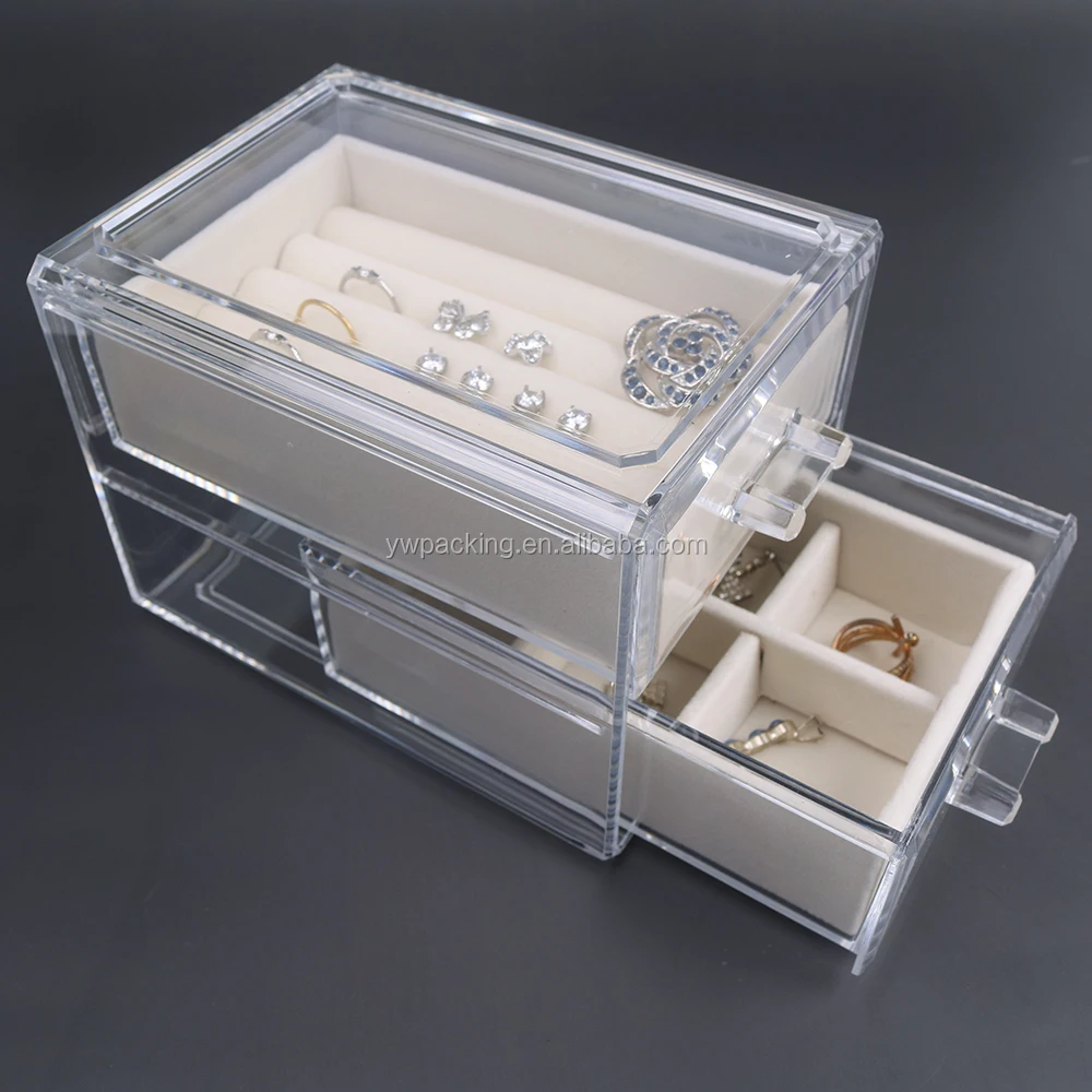 3 Drawers Clear Acrylic Display Velvet Tray Necklace Ring Jewelry