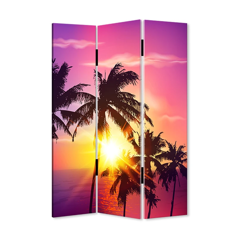 

Latest Design winter sunset seaside coconut tree canvas print foldable screen partition, Cmyk