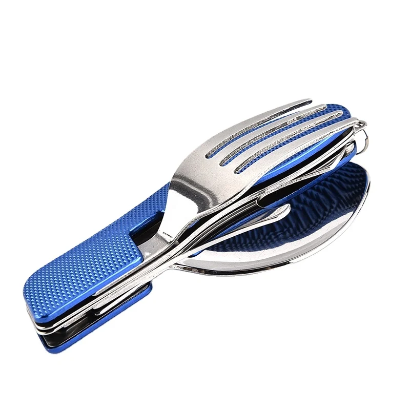 

New Wholesale camping cutlery 3 in 1 portable folding cutlery set stainless steel tableware set gift travel spoon fork knife, Blue green red black