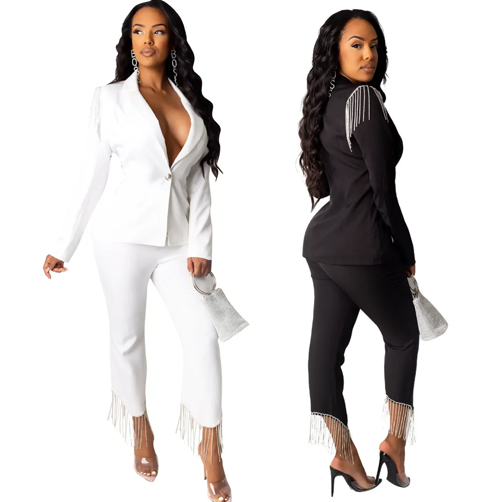 2019 Fashion Woman Suit Tassel Two-Piece Set Blazer Suits For Women Office Clothing