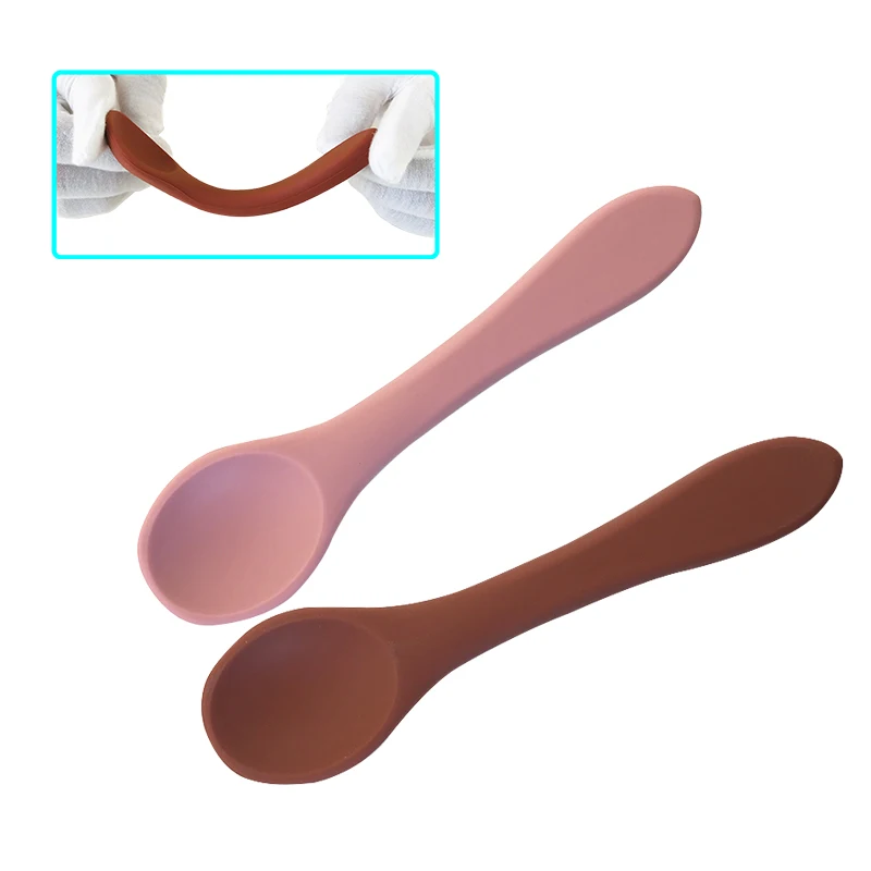 

Custom Silicon Kids Eating Forks Spoons Pink Rice Feeding Plates Fork Baby Learning Silicone Baby Spoon, Any pantone color