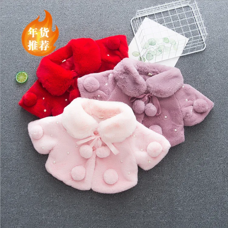 

Kids Winter Coats Colorful Thick Fur Cape for Baby with Balls Pearl Warm Girls Clothing Princess Toddler Overcoat Fashion, Pink/red/purple