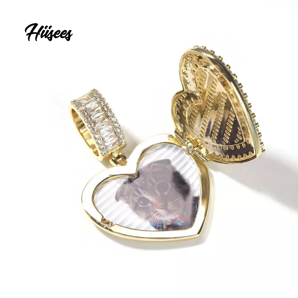 

Iced out Heart Shape Custom Photo Logo Pendant Sublimation Blanks Memory Locket Picture Necklace Personalized Rapper jewelry