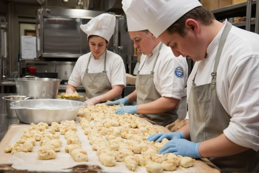 Artisan bakers preparing cinnamon roll dough in a professional kitchen setting