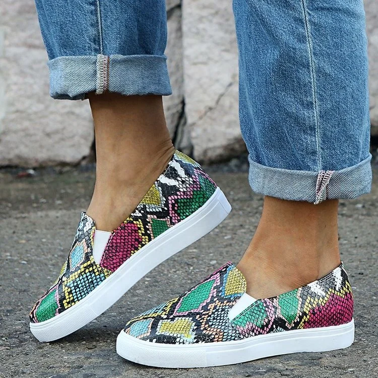 

women's fashion sneakers slip on flat shoes woman PU snake sneaker casual shoes for women, Pictures