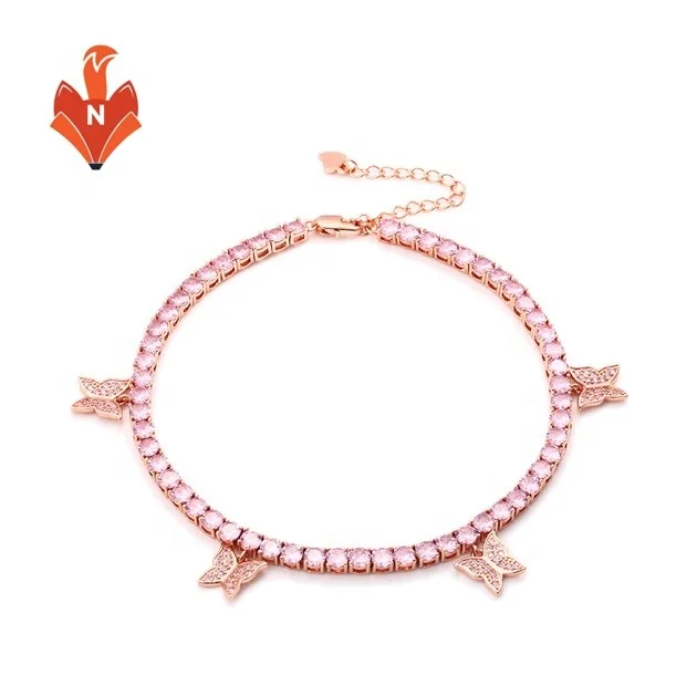 

AJ001-AB Summer collection 5mm silver tennis foot jewelry fashion butterfly ankle bracelets for women, White gold, rose gold, 18k