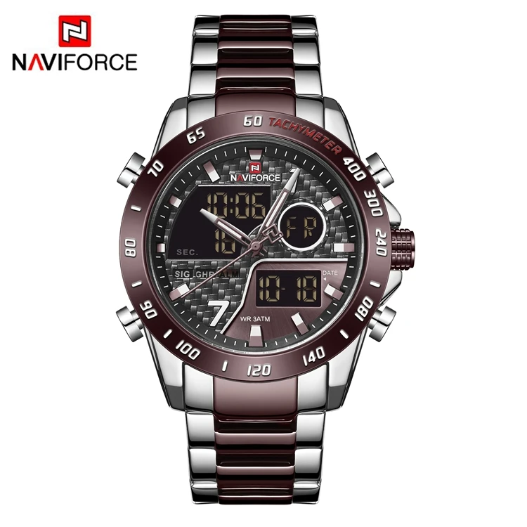 

NAVIFORCE NF9171 Trendy Cool Black Stainless Steel Watches For Men Japan Quartz Digital Two Time Wrist Watch, As picture