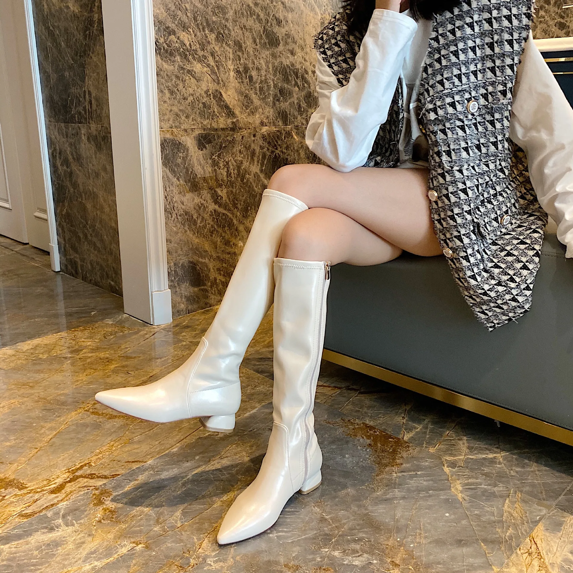

2020 fashion PU women cowboy ankle long knee boot mid heel ladies shoes