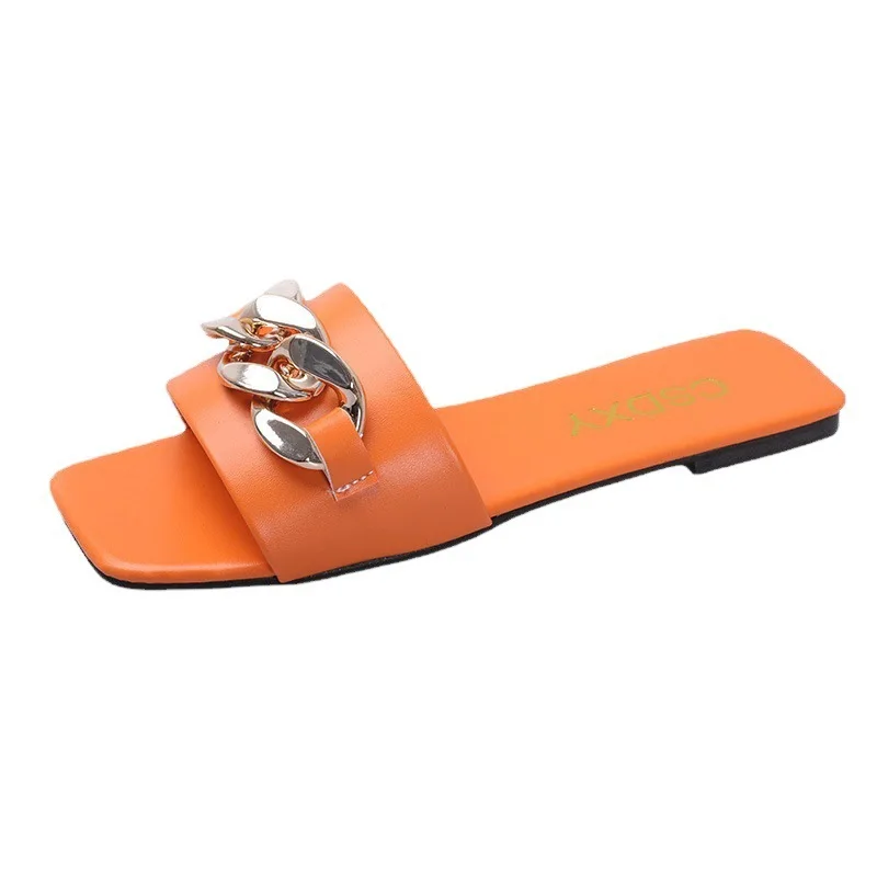 

Dropshipping Summer Fashion Ladies Flat Slippers Solid Color Square Toe Open Toe Chain Ladies Street Slippers