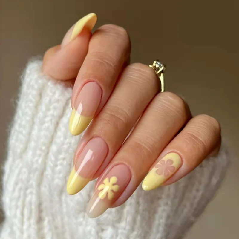 

Private Label New 24Pcs/Box French Nails Wholesale ABS Yellow Flowers Full Cover Almond Press on Nails Artificial Fingernails, As pictures