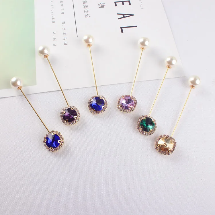

Hot Style Multi-color Gem Long Pearl Muslim Brooches Pin Hijab Scarf Wedding Brooches For Women, As the picture