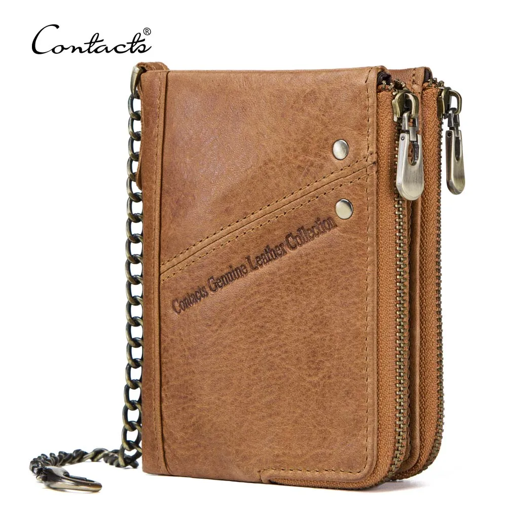 

dropship contact's wholesale oem odm genuine leather zipper coin pocket multi-function rfid wallet chain and clasp for men, Camel, coffee, black