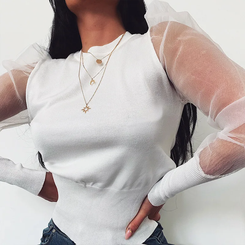 

Custom Sheer Long Puff Sleeve Casual White Fashion Blouse Women, Customized