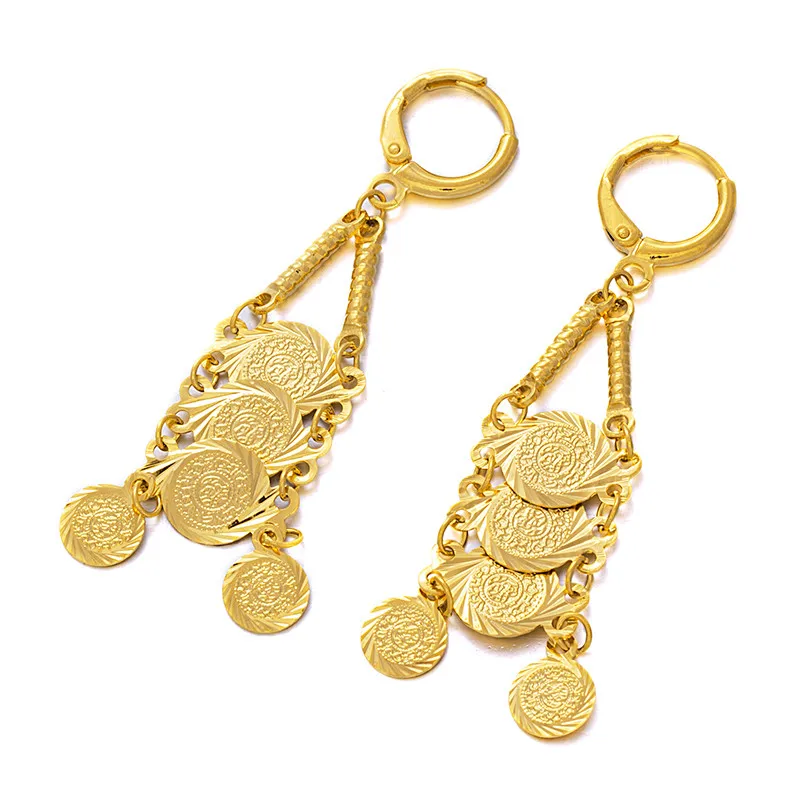 

Ethlyn Middle East Arabian Female Copper Plated Long Tassel Earrings Coins Pendant Designs Dubai Gold Jewelry Earring E57