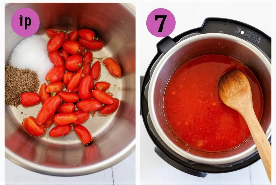 Schritt-für-Schritt-Zubereitung von heißer roter Paprikamarmelade mit frischen roten Paprikaschoten, Zucker und Kochprozess in Edelstahltiegel