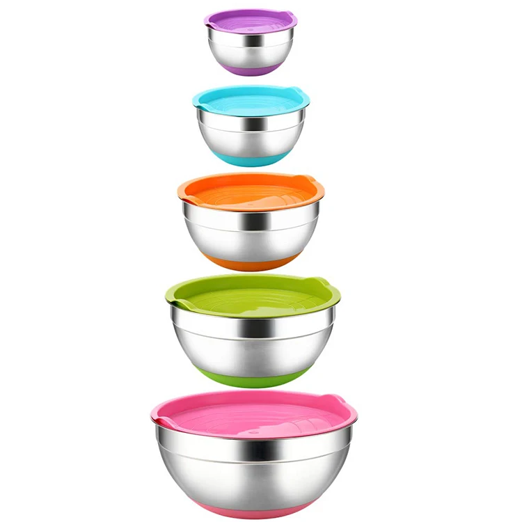 

Non Slip Colorful Silicone Bottom Stainless Steel Mixing Bowls with Lids