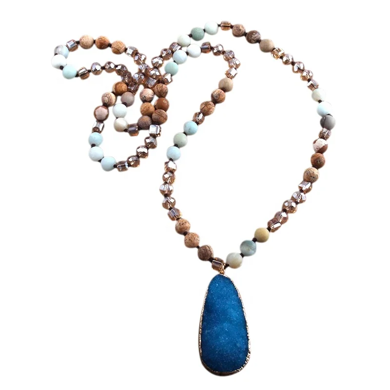 Fashion Boho Jewelry Women Gift Natural Stone Crystal glass beads Necklace Pic jasper Druzy Pendant Necklaces